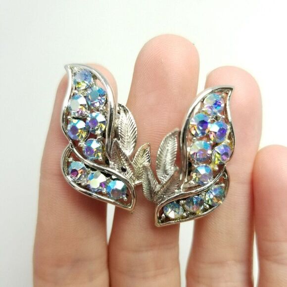 Vintage Coro Blue Rhinestone Leaf Shape Clip On Earrings, Silver Tone Setting - Picture 1 of 8